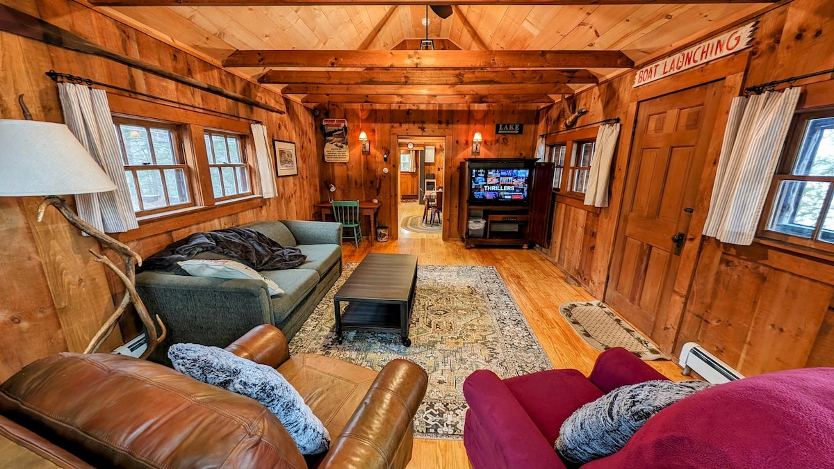 A warm living area is presented with natural wood walls and a high ceiling. Comfortable seating options include a brown leather chair and a purple recliner, complemented by a plush area rug beneath a central coffee table. A television is positioned for viewing, with large windows allowing natural light.