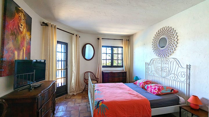 Chumba cha kulala kwenye ghorofa moja (Chumba cha Simba), televisheni na ufikiaji wa moja kwa moja wa mtaro wa bwawa