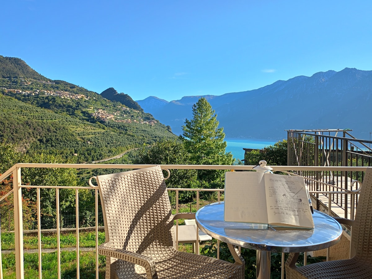 A small table with a book is set on a balcony, overlooking expansive views of lush green hills and the sparkling waters of Lake Garda. Mountains frame the background under a clear blue sky, providing a serene natural setting.