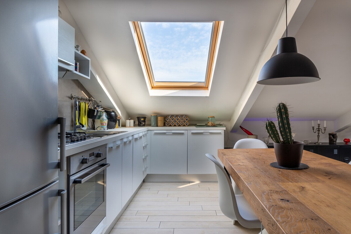 The kitchen features modern cabinetry and stainless-steel appliances. A skylight allows natural light to illuminate the space, highlighting a wooden dining table with seating. A cactus sits in the center of the table, adding a touch of greenery to the atmosphere.
