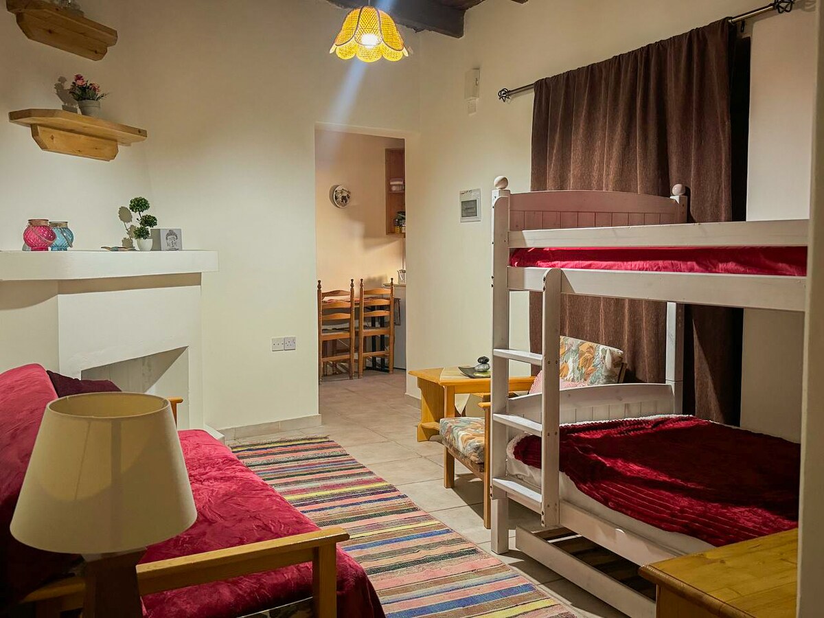 A comfortable room is presented with a bunk bed featuring a lower double bed and an upper single bed. A cozy red sofa and wooden coffee table complement the space. Natural light is observed through the window, while warm colors and wooden accents contribute to the inviting decor.