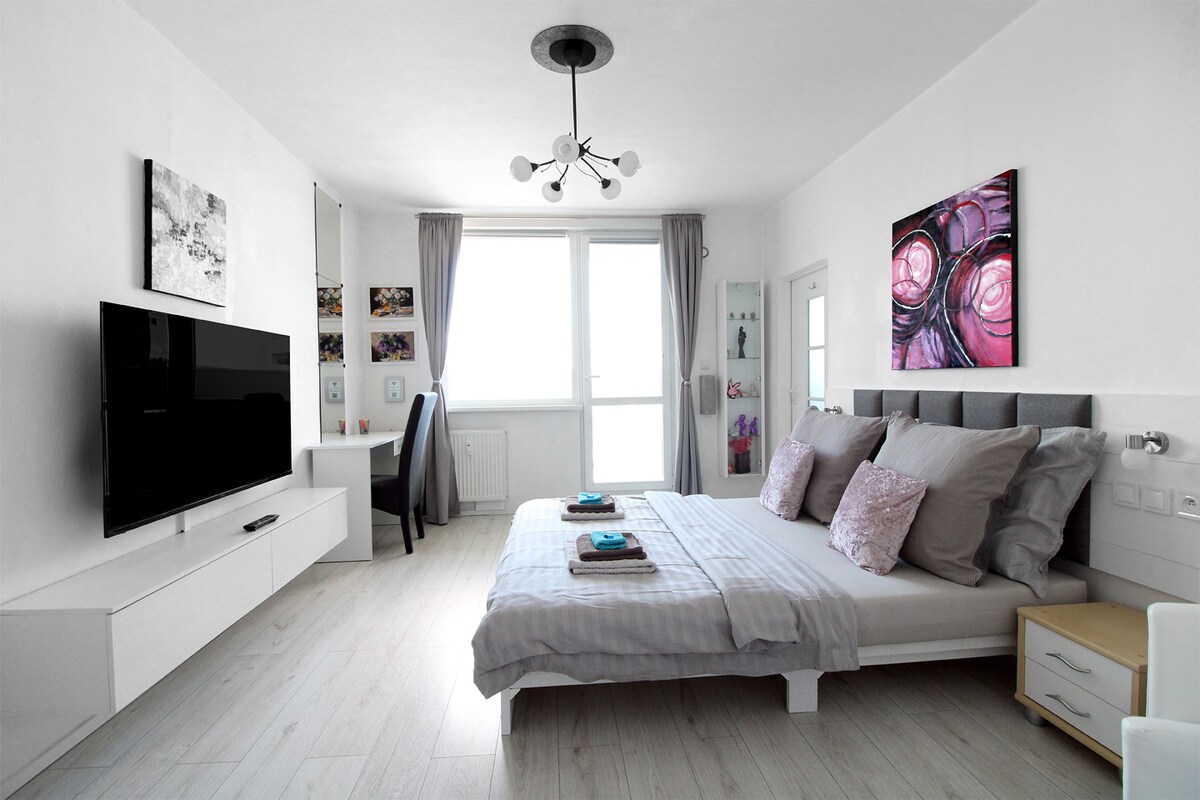A bright and airy bedroom features a spacious bed with light bedding and decorative pillows. A large flat-screen TV is mounted on the wall opposite. Light streams through a large window, adorned with sheer curtains, illuminating minimalist furniture including a desk and a nightstand.