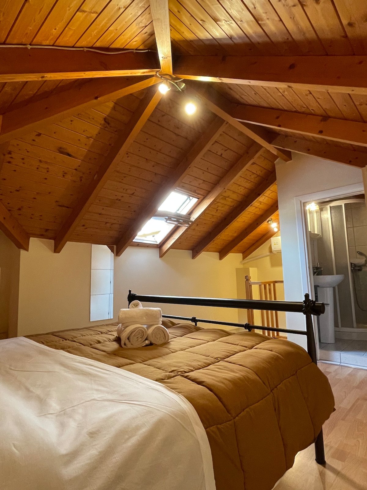 A cozy sleeping area features a spacious bed covered with a chocolate brown quilt. Slanted wooden ceilings highlight the room's rustic charm, while natural light streams through skylights. A modern bathroom area is visible in the background, contributing to the overall functionality of the space.