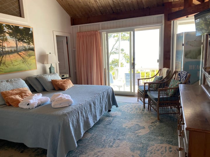 חדר השינה הראשי.  הדלת משמאל למחוונים היא לחדר הרחצה המלא הצמוד.  