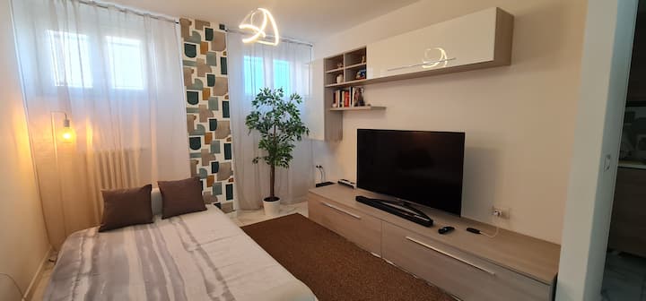 A sala é composta por um sofá-cama , com Tv Smart 57" com comando de voz, home theater, sala com cortinas, luz de leitura, livros e uma decoração leve e moderna.  Roteador portátil de wi-fi e calorífero para o inverno. 