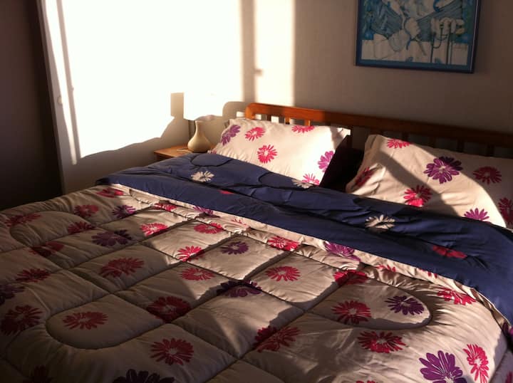 Cama king iluminada con rayos de sol de la mañana