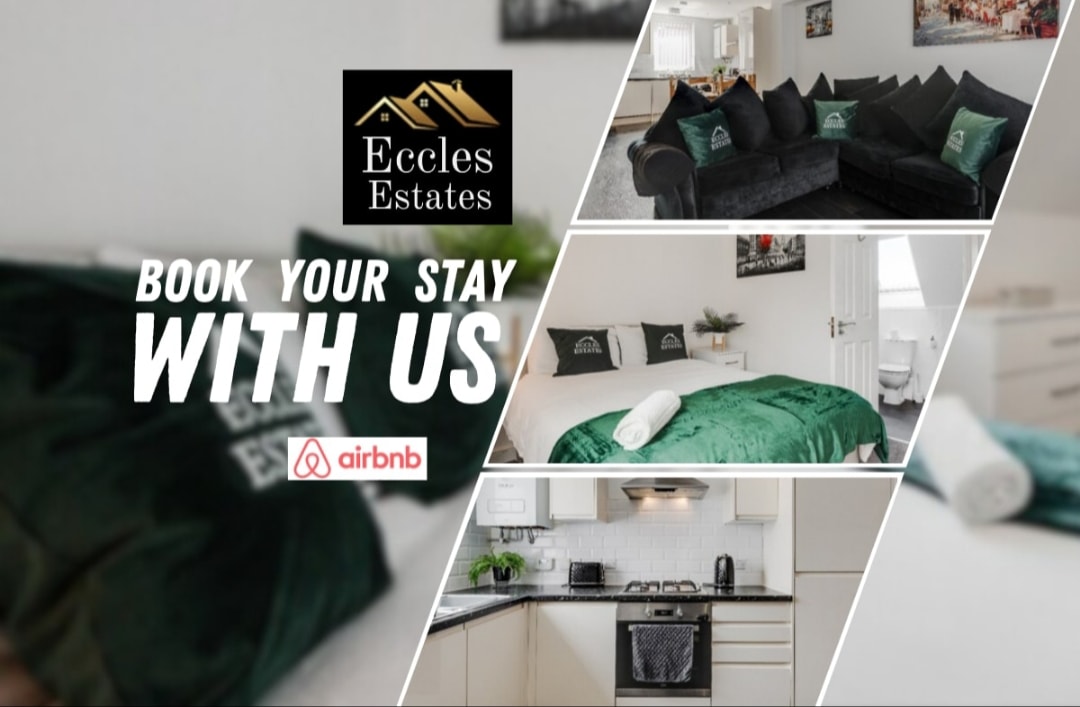 An inviting collage showcases various spaces within the property. A living area with comfortable sofas and decorative cushions is featured, along with a well-arranged bedroom displaying fresh linen. The modern kitchen, equipped with appliances, is also highlighted, creating a sense of home.