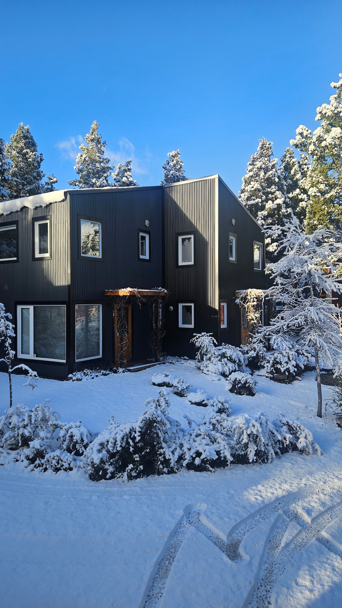 A modern duplex cabin is surrounded by snow-covered trees, offering a serene winter landscape. The dark exterior contrasts with the white snow, and large windows reflect the blue sky. Pathways through the snow lead to the entrance, enhancing the inviting atmosphere.