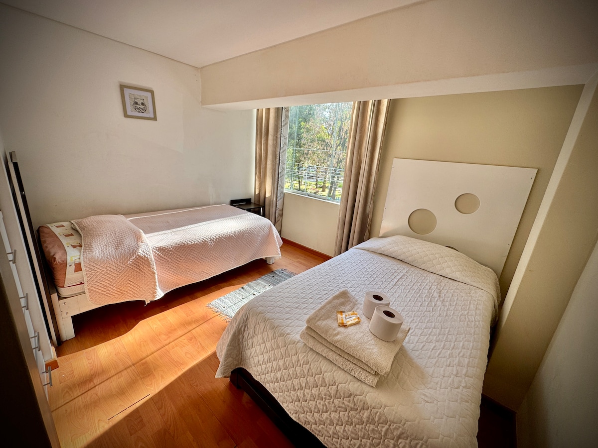 Segunda habitación con 2 camas de plaza y media, vista al parque y armario.