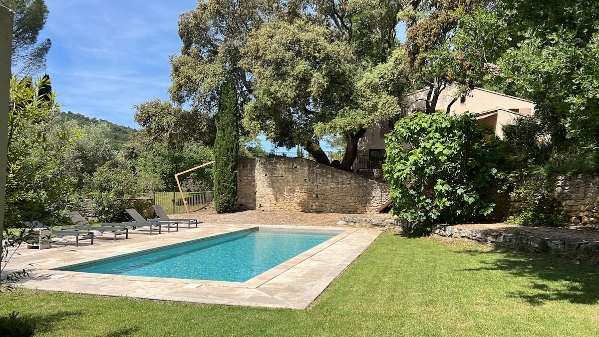 A rectangular heated pool is surrounded by a sunbathing area furnished with loungers. Lush greenery forms a natural border, with mature trees providing shade. The serene ambiance is complemented by a stone wall in the background, and a well-maintained lawn enhances the outdoor space.