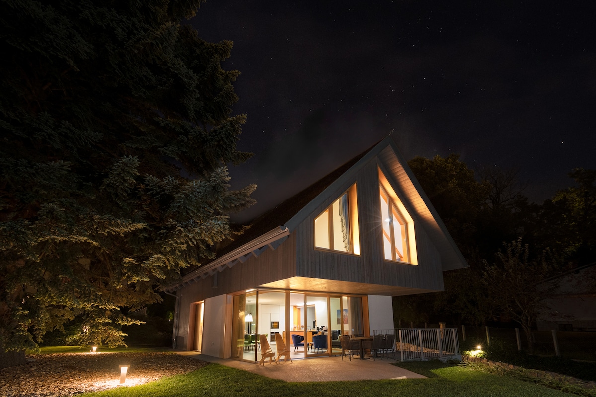 The villa is illuminated at night, showcasing its modern design with large windows that reveal a cozy interior. Surrounding greenery is complemented by soft outdoor lighting, creating a serene ambiance. The sloping roof and wooden façade highlight the contemporary architectural style.