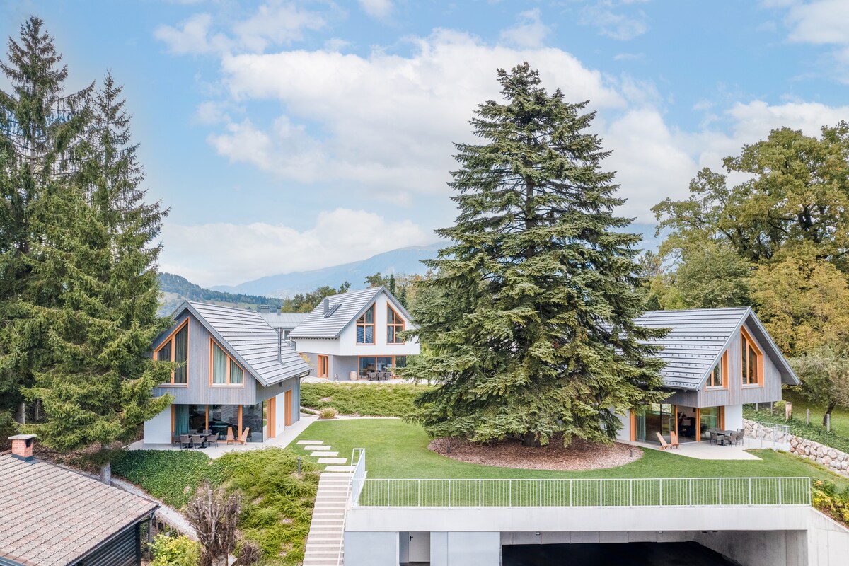 The villa, set amidst lush greenery, features two distinct structures with large windows framed by modern architecture. A spacious lawn surrounds the buildings, complemented by a prominent tree in the foreground. The scenic backdrop includes distant hills and a cloudy sky.