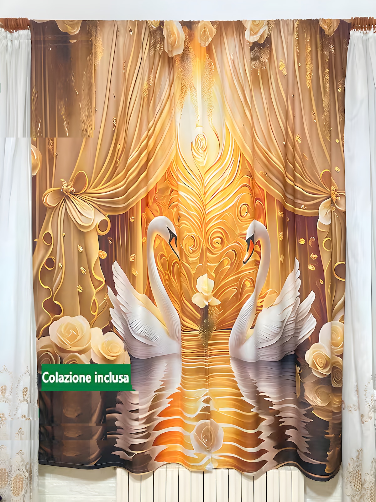 A decorative curtain showcases an elegant design featuring two swans positioned on a tranquil water surface. Golden hues dominate the background, complemented by flowing curtains adorned with floral accents, creating a serene and inviting ambiance.