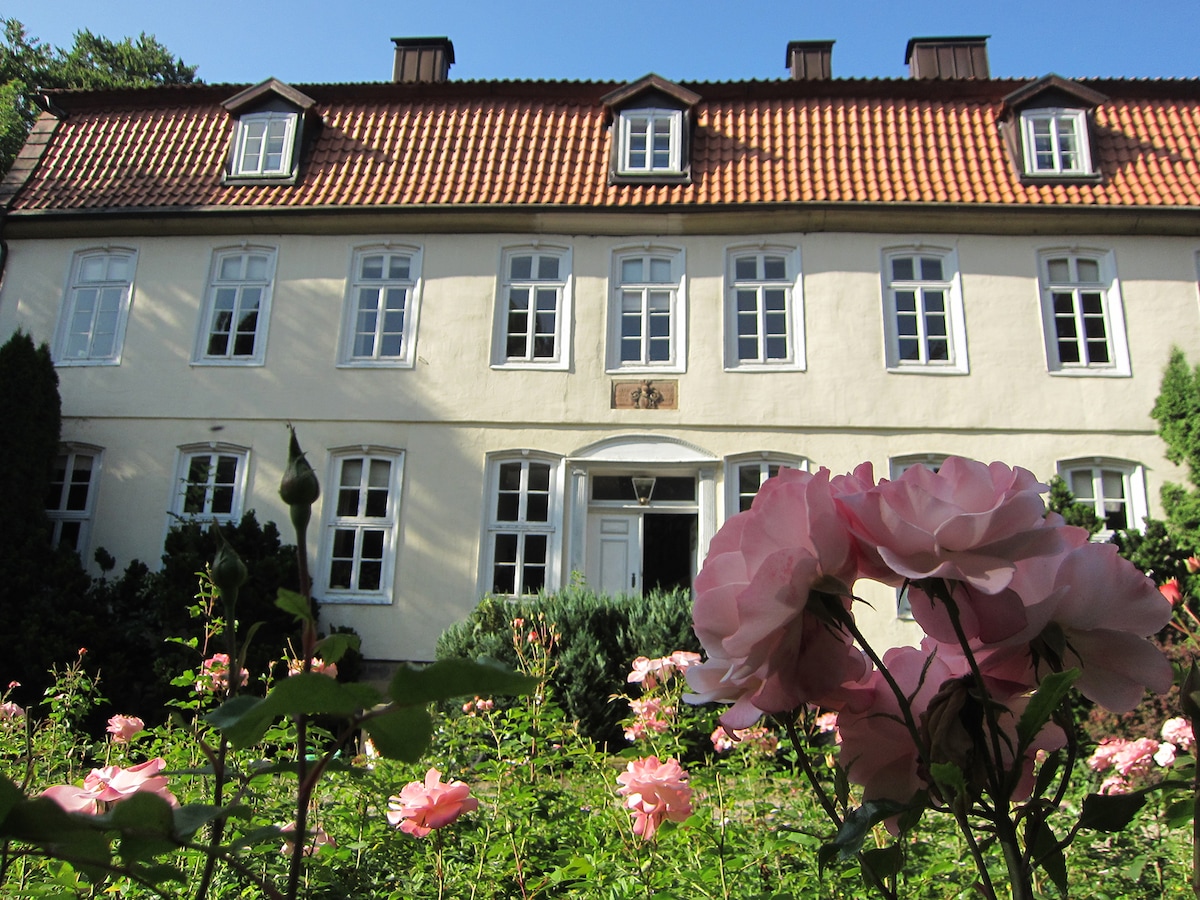 The historic building, featuring a textured white facade and a distinctive red-tiled roof, stands amidst a garden filled with blooming pink roses. Large windows are symmetrically arranged, enhancing the structure's classic architectural style, while greenery surrounds the entrance path.