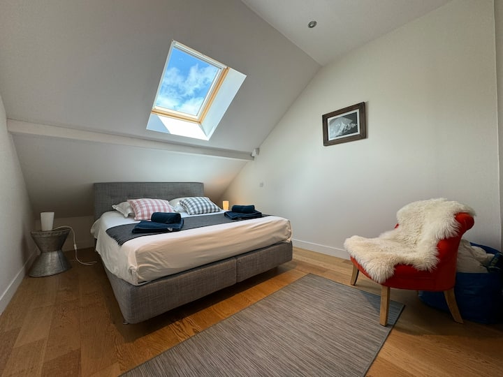 Habitación luminosa con cuarto de baño con ducha a ras de suelo y aseo