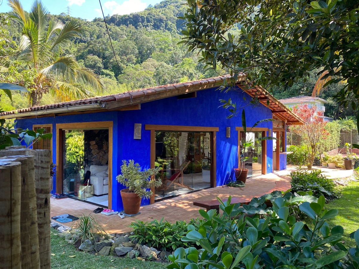 A vibrant blue house features large glass doors that invite natural light and showcase views of the lush garden. The exterior is adorned with greenery and palm trees, while a spacious deck area surrounds the house, creating a connection with nature.