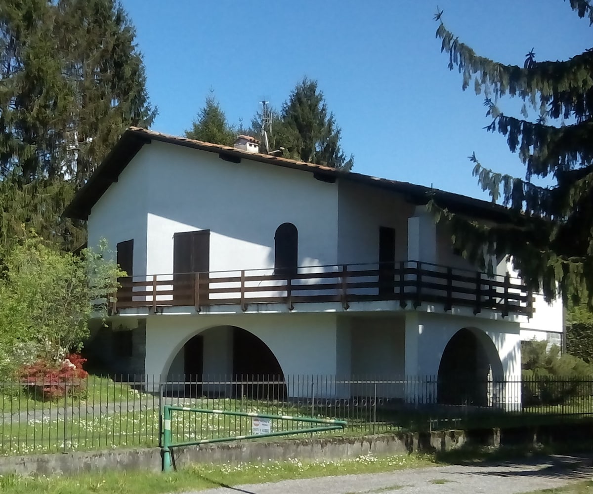 A spacious villa is presented, featuring a lightweight façade with a wooden balcony overlooking the surrounding greenery. The structure rests on arches, offering a unique architectural style. Tall trees frame the scene, providing shade and a natural backdrop.