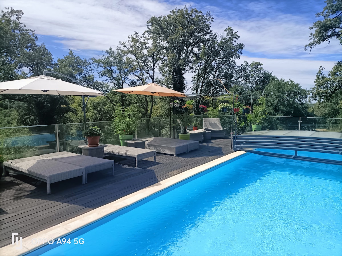 A spacious pool area is depicted, featuring several sun loungers and umbrellas. The pool's clear water reflects the blue sky and surrounding greenery. Planters with vibrant flowers add to the natural ambiance, creating a serene outdoor environment to enjoy leisurely moments.