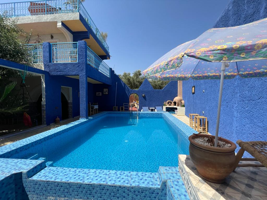 A private pool is surrounded by vibrant blue walls and decorated with colorful tiles. An umbrella provides shade over a seating area, while sun loungers are positioned nearby. The scene is enhanced by lush greenery in the background, creating a relaxing outdoor space.