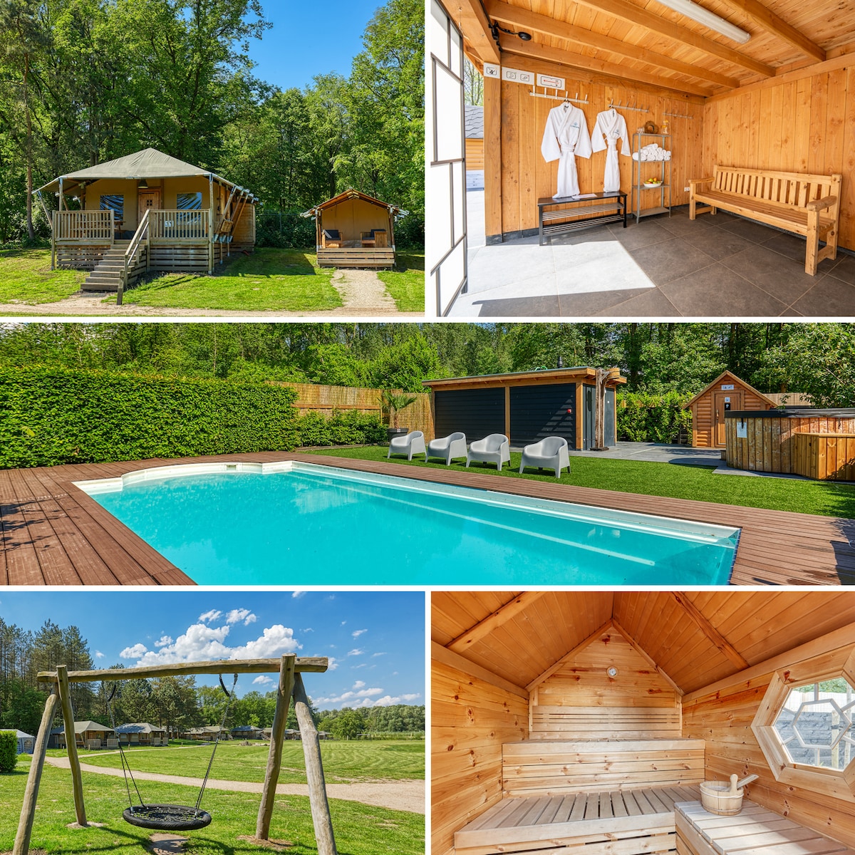 A spacious outdoor area features a refreshing pool surrounded by sun loungers. Nearby, a wooden sauna provides a cozy retreat. A swing set is visible on the playfield, and a glimpse of lodge cabins is included among lush greenery.