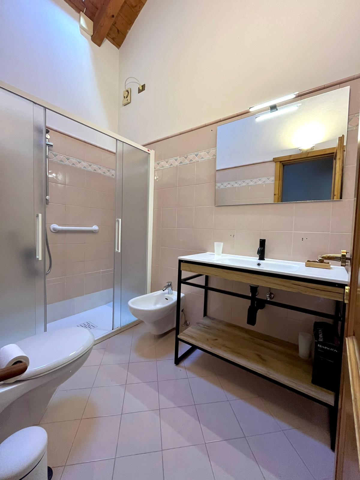 A clean and functional bathroom is displayed, featuring a glass shower enclosure and modern fixtures. A floating wooden sink with a black frame is complemented by a large mirror above. The pink tile walls enhance the spacious feel, with a bidet positioned next to a white toilet.