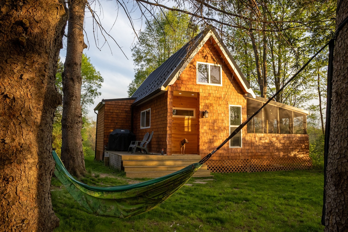 A picturesque cabin, crafted from warm wood tones, features a spacious deck and a screened-in porch. A hammock hangs between two trees, inviting relaxation. The gas grill is positioned nearby, and a dog is seen on the deck, enhancing the tranquil outdoor space.