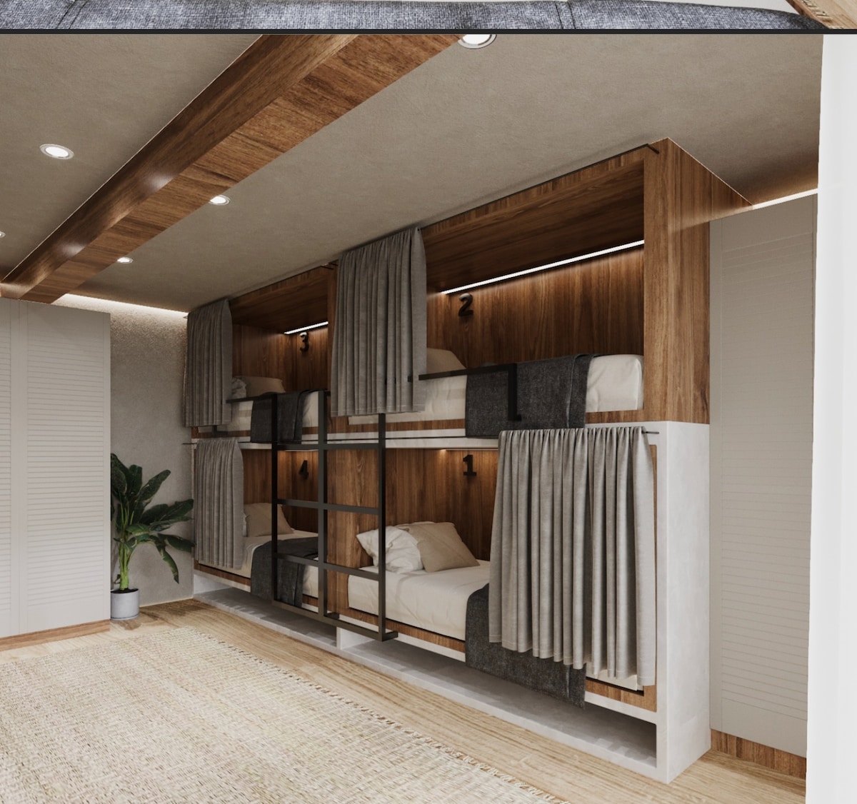 Ამ ნომერში არის ოთხი ორსართულიანი საწოლი და ორი ორადგილიანი ორსართულიანი საწოლი.