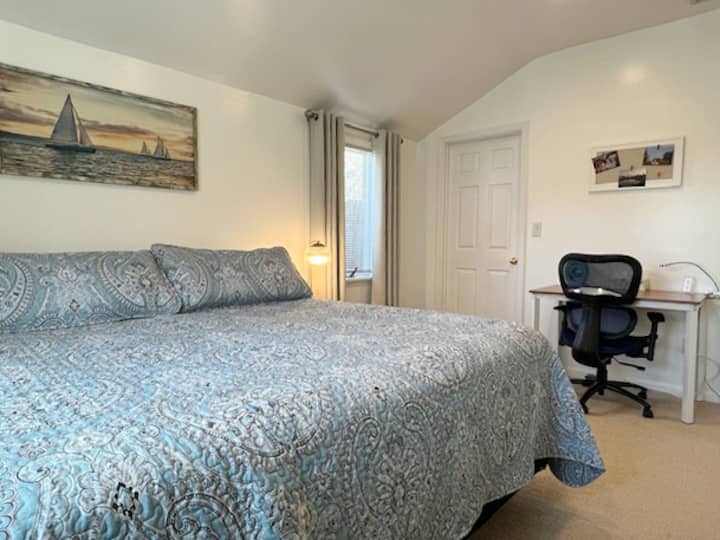 غرفة نوم رئيسية مع سرير بحجم كينج وخزانة كبيرة