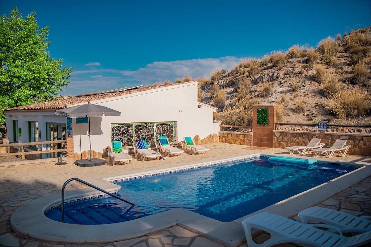 A spacious outdoor area features a large swimming pool surrounded by sun loungers and shaded by an umbrella. The warm stone terrace connects to a white building adorned with vibrant window art, complemented by natural landscaping in the background.