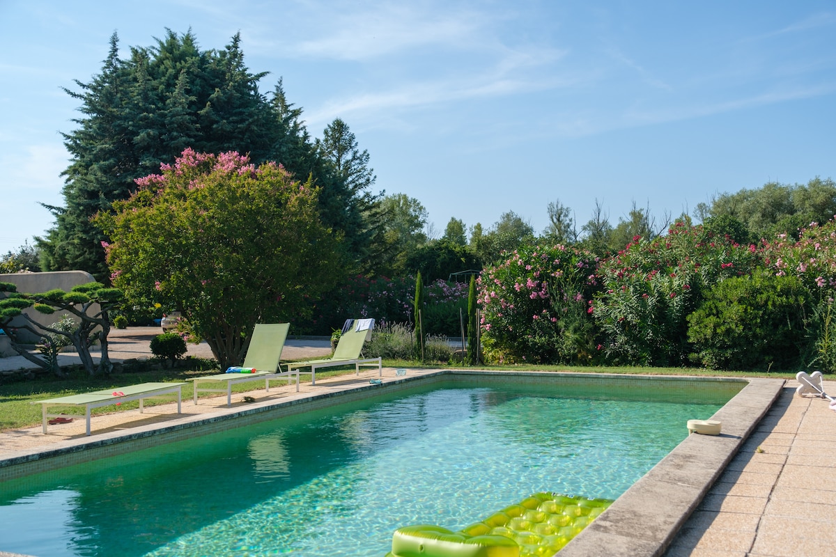 A clear view of a spacious pool surrounded by well-maintained gardens. Several sun loungers are positioned nearby on the patio. Lush greenery and blooming flowers create a serene atmosphere, with a backdrop of tall trees enhancing the outdoor space.