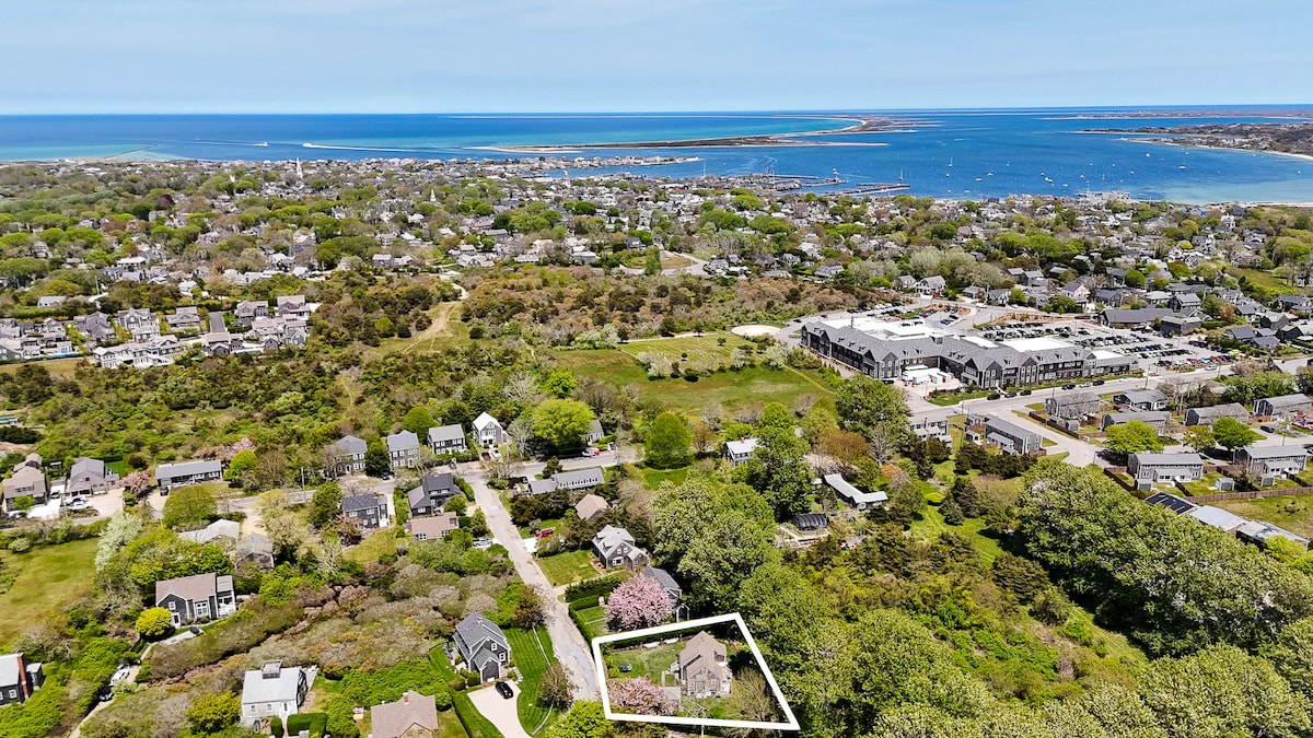 An aerial view captures the surrounding landscape of a Nantucket cottage-style home. Lush greenery and vibrant trees envelop the property, which is bordered by neighboring homes. A glimpse of the coastline and water can be seen in the distance, highlighting the location's proximity to scenic views.