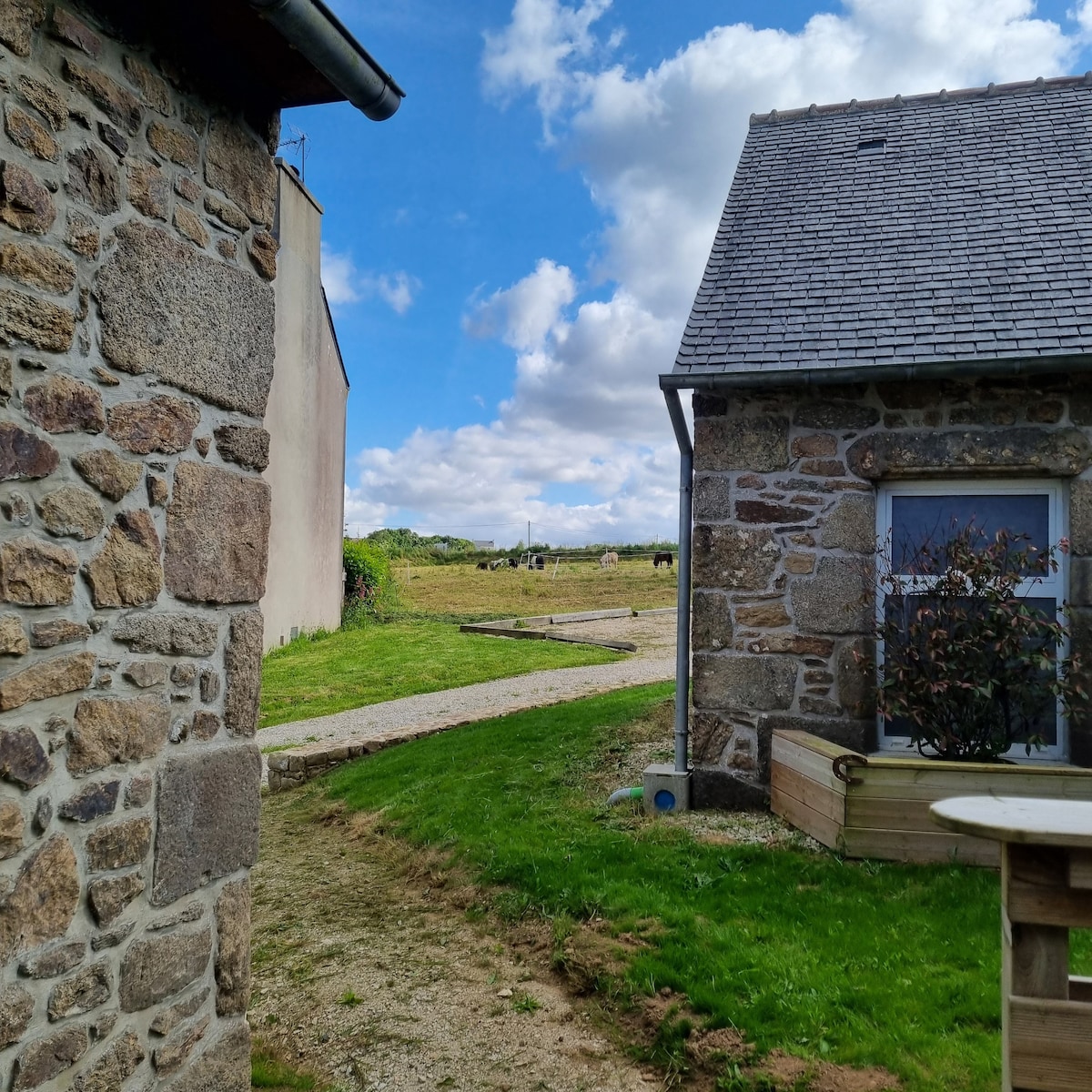 A view of the countryside is captured between two stone structures, where a grassy area is visible. Cows can be seen grazing in the distance under a partly cloudy sky, providing a peaceful rural atmosphere.
