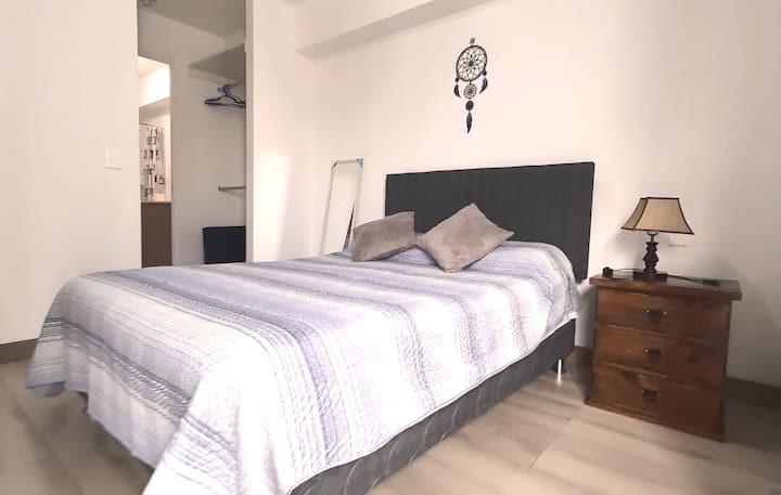 Chumba cha pili kilicho na bafu la kujitegemea, kinalala wageni 2, kioo na kabati la starehe la kutembea lenye viango/viango