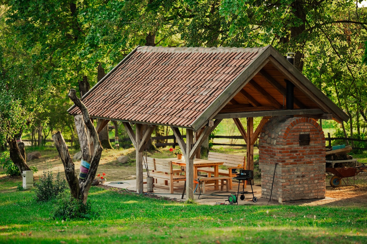 An outdoor shelter is featured, constructed with wooden beams and a tiled roof. A communal dining area with a wooden table and benches occupies the space. A brick barbecue grill is positioned nearby, surrounded by a grassy area with trees and flowering plants.