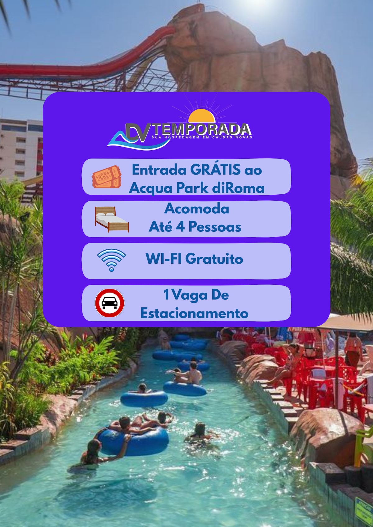 A vibrant water park scene is depicted, featuring a lazy river adorned with guests floating on inflatable tubes. Surrounding palm trees and colorful lounge chairs create a lively atmosphere. A large structure in the background hints at thrilling water slides, enhancing the recreational appeal.