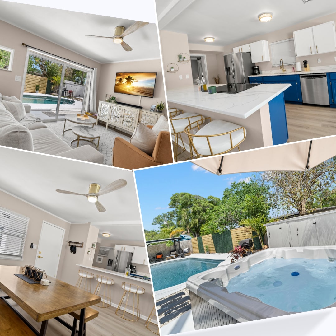 An open floorplan reveals views of the pool area, featuring modern furnishings in light tones. The kitchen showcases stainless steel appliances and quartz countertops, with a breakfast bar equipped with gold-accented stools. A hot tub is visible outdoors, surrounded by greenery and a private fencing.