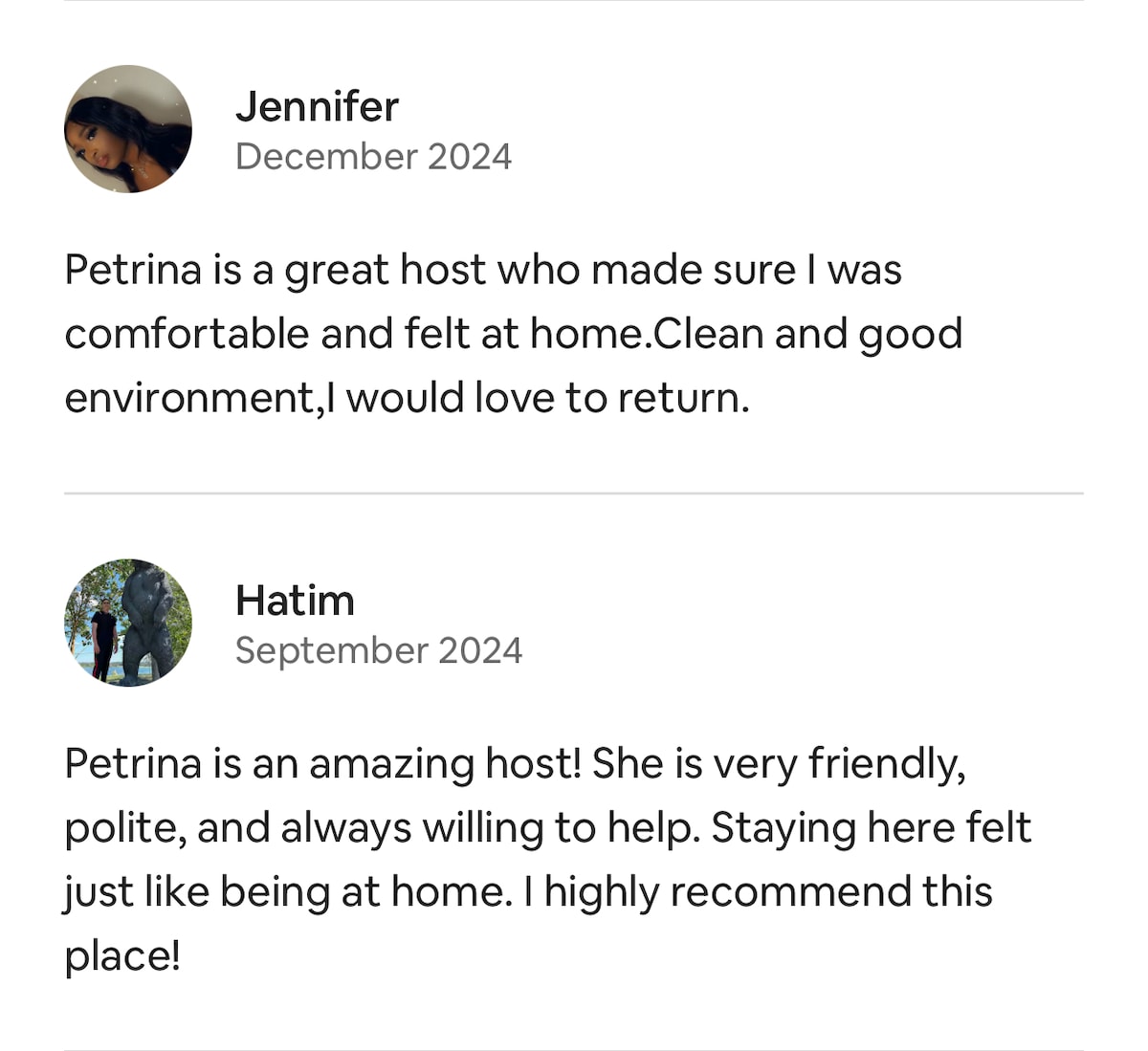Two reviews are presented, highlighting the experiences of previous guests. One review notes a comfortable and clean environment, while the other emphasizes the host's friendliness and willingness to help. Both guests express a desire to return to the accommodation.