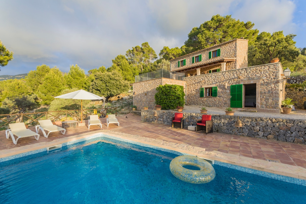 The image depicts a charming stone villa surrounded by lush greenery, featuring a large swimming pool with a float. Sun loungers are positioned beside the pool, and a shaded seating area is visible. The two-story villa showcases vibrant green shutters and ample outdoor space.