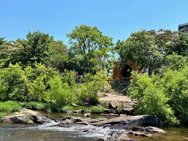 A serene view features a gentle stream flowing over smooth rocks, surrounded by lush greenery. Tall trees and shrubs frame the area, while a wooden structure with a circular feature is visible in the background, integrating nature and architecture.