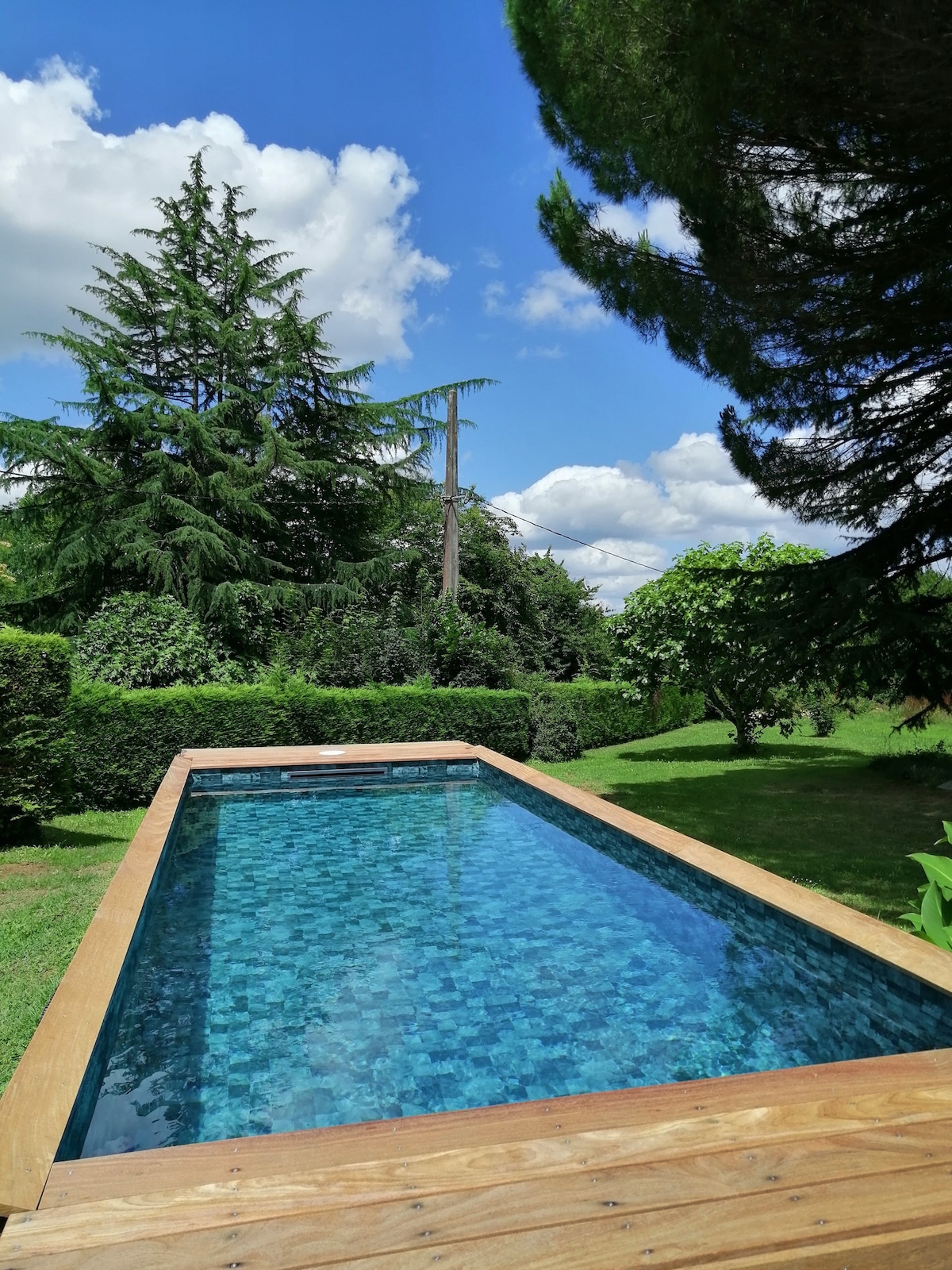A serene outdoor space is showcased with a private swimming pool featuring clear blue water, bordered by a wooden deck. Lush greenery including tall trees and hedges surrounds the area, creating a peaceful environment. The sky is bright with fluffy white clouds.