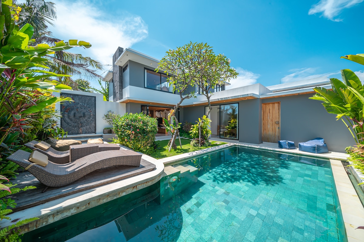 A sleek villa exterior showcases a spacious swimming pool, surrounded by tropical greenery. Lounge chairs are positioned nearby, inviting relaxation. The modern two-story structure features large windows, offering views of the serene environment with clear blue skies above.