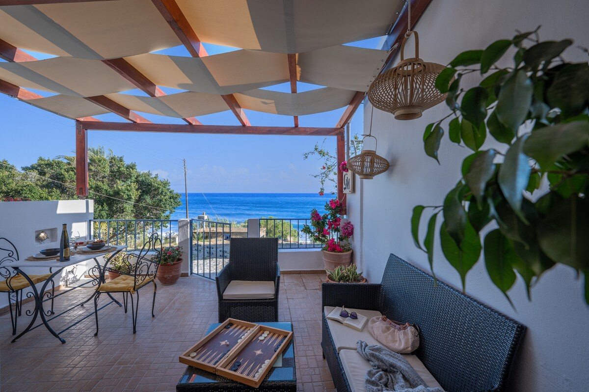 A cozy outdoor seating area is featured, with comfortable furniture arranged under a shaded canopy. A view of the sea and surrounding greenery is visible in the background, complemented by potted plants and decorative elements, creating a relaxing space for leisure.
