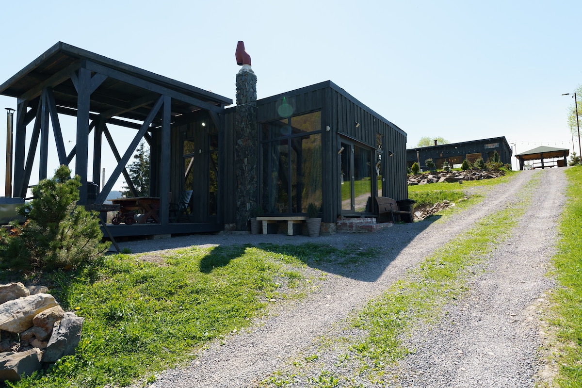 A modern cabin is depicted along a gravel path leading to its entrance. The dark exterior features large glass panels reflecting the surrounding landscape. A stone fireplace and a red chimney add character to the design. Lush greenery and bushes frame the cabin, creating a natural setting.