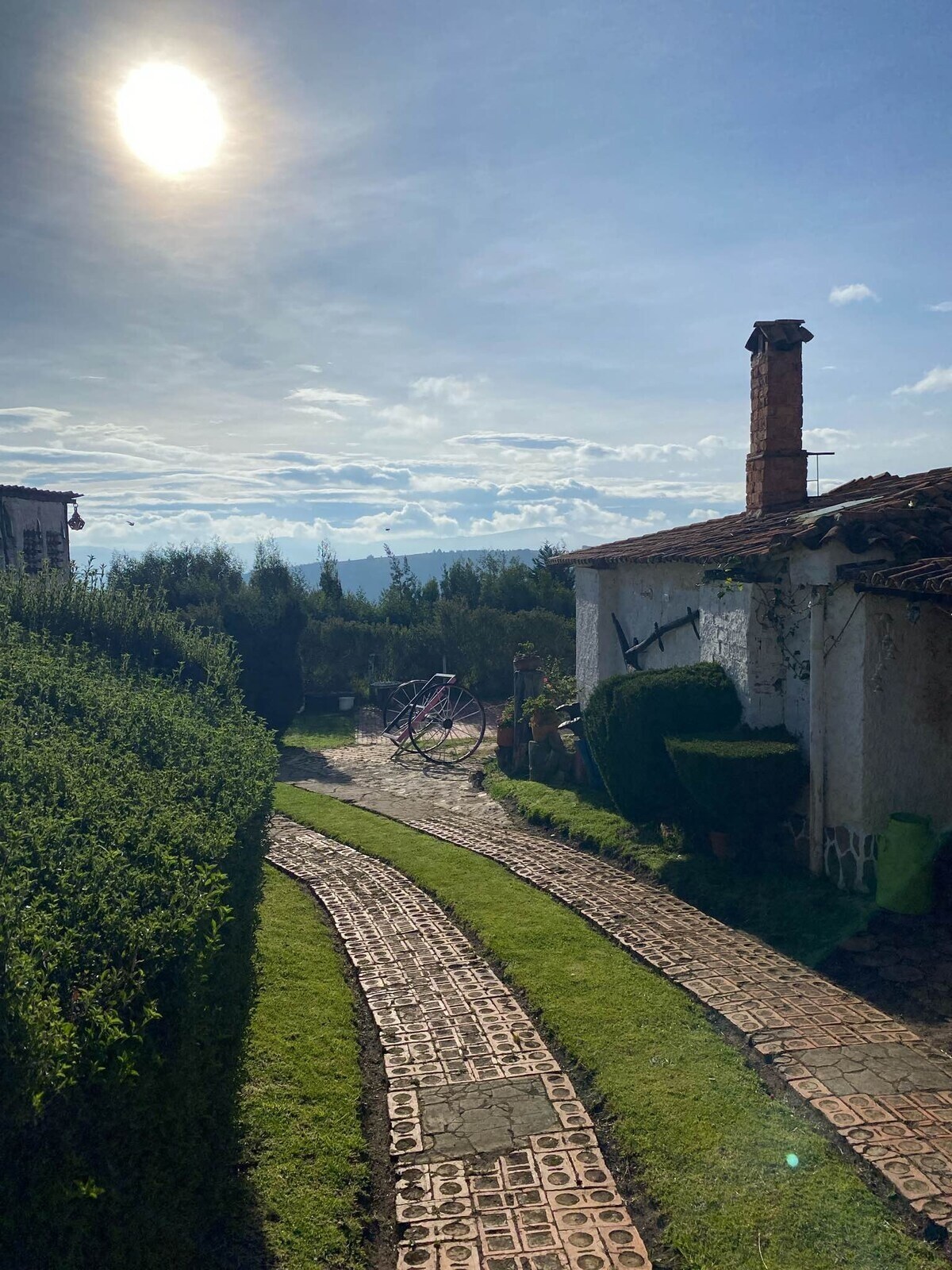A winding stone path leads through neatly trimmed hedges towards a rustic cabin. A chimney can be seen on the side of the building, with a glimpse of bicycles positioned beside it. Bright skies and distant mountains create a serene backdrop.