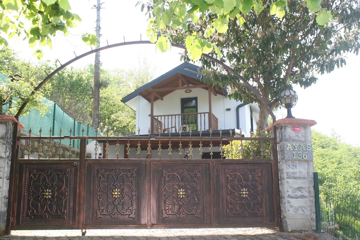 A charming exterior view of a house is presented, framed by a wrought-iron gate and surrounded by greenery. The entrance features a wooden balcony on the upper level, with the house set against a backdrop of trees and natural elements.