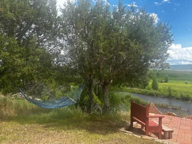 A shaded area features a green hammock suspended between trees, inviting relaxation. A rustic red bench sits nearby, both positioned to overlook the flowing river and expansive green landscape, providing an ideal spot to enjoy nature.