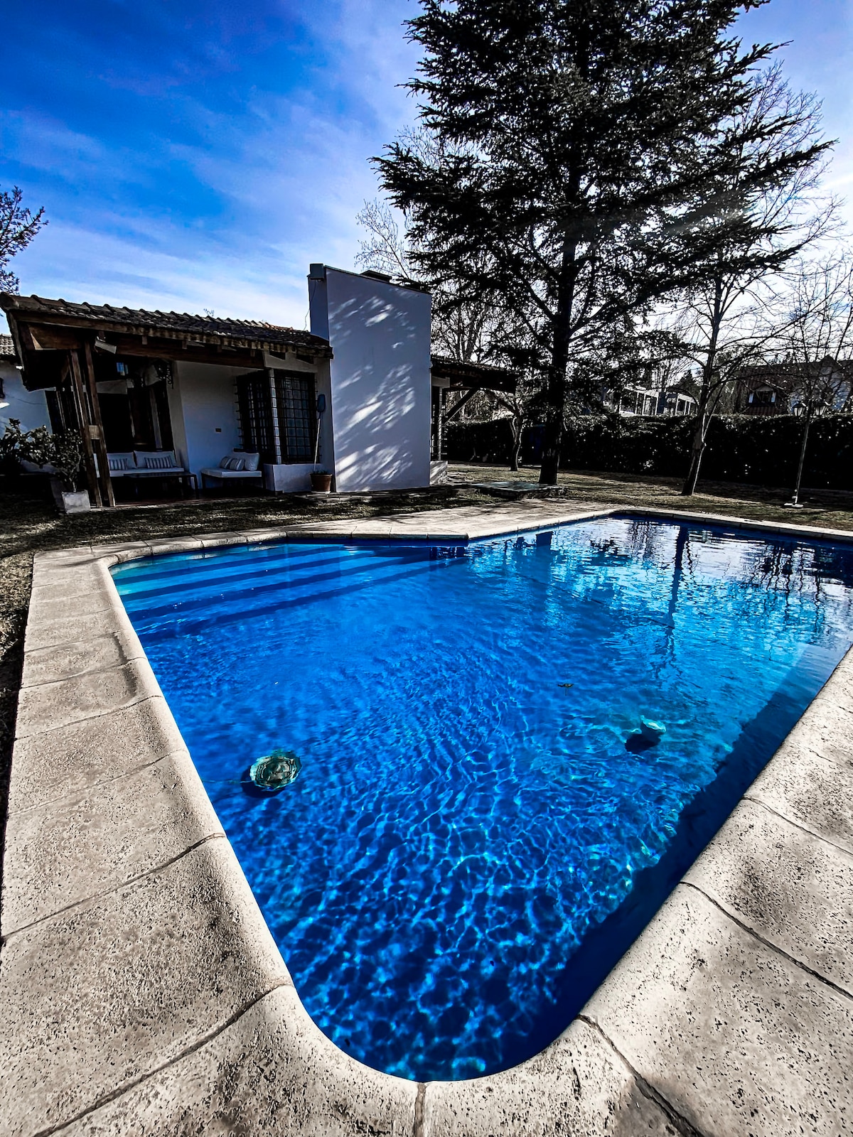 A private swimming pool reflects clear blue waters under a bright sky. Surrounding the pool, a spacious lawn features well-maintained greenery, offering a serene atmosphere. A shaded area is visible nearby, providing a comfortable spot for relaxation.