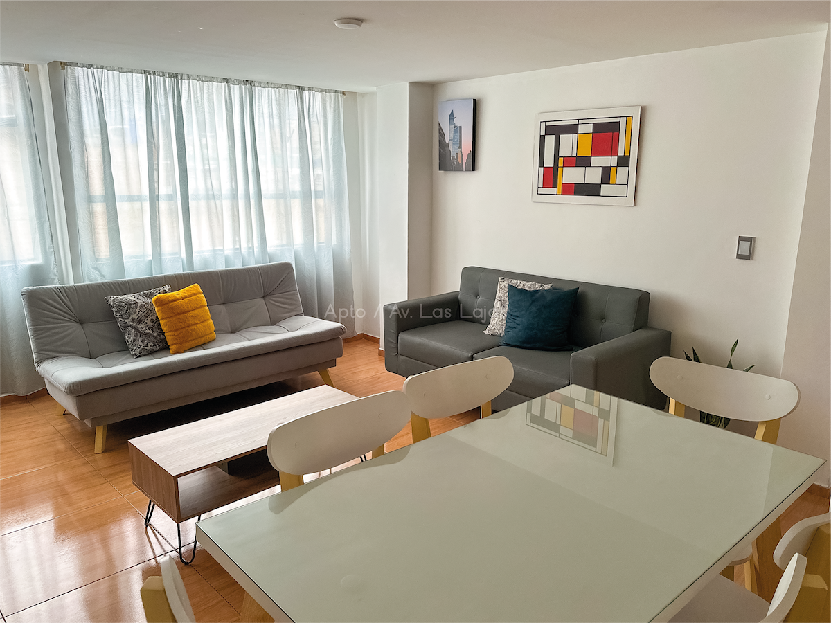 The living and dining area is bathed in natural light from large windows with sheer curtains. A gray sofa bed and a matching armchair are positioned alongside a modern glass dining table with six chairs. Colorful artwork adds an accent to the clean, bright space.