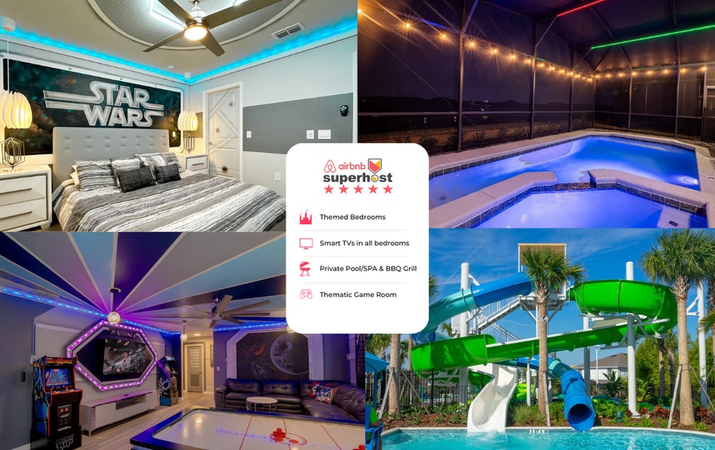 A themed bedroom features a Star Wars mural and ambient LED lighting along the ceiling, enhancing its playful design. Adjacent images showcase a private pool and spa area encased in a screened enclosure, complemented by vibrant green water slides, providing entertainment options for guests.