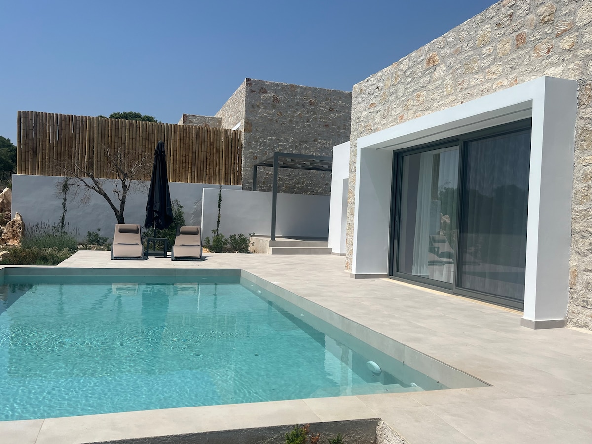 The outdoor area features a modern stone villa with large glass doors leading to a private pool. Two lounge chairs are positioned beside the pool, providing a space for relaxation. A shaded area with a dark umbrella adds to the comfort of the sunlit surroundings.